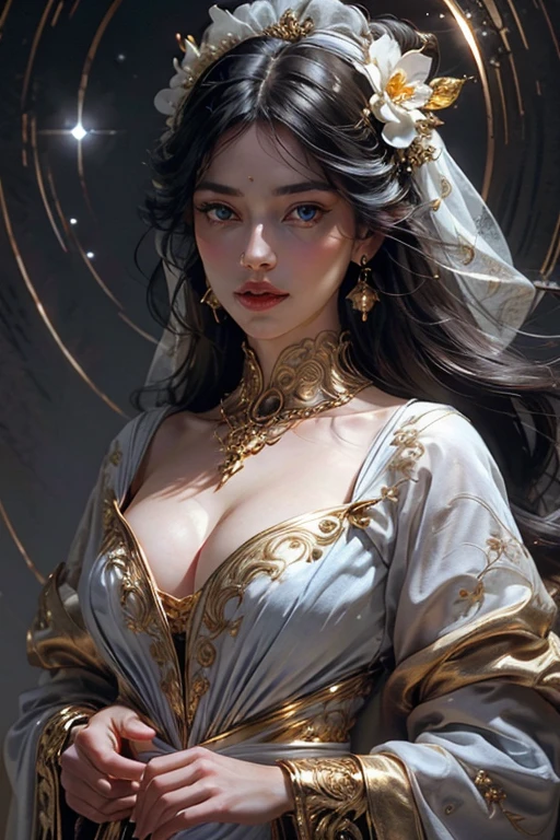 lamplight, Close-up cleavage, beautiful woman, gold eyes, (Detailed eyes, The eyes are bright:1.2), Long black hair, pale-skinned, earrings, necklace, medium skin, dark blue dress, Meticulous gown, golden accessories on clothes, dark blue flowers (perfect anatomia:1.2), Highqualityshadow, natural  lightting, (White highlights:1.2),overcast day, (starrysky:1.2), (shining)