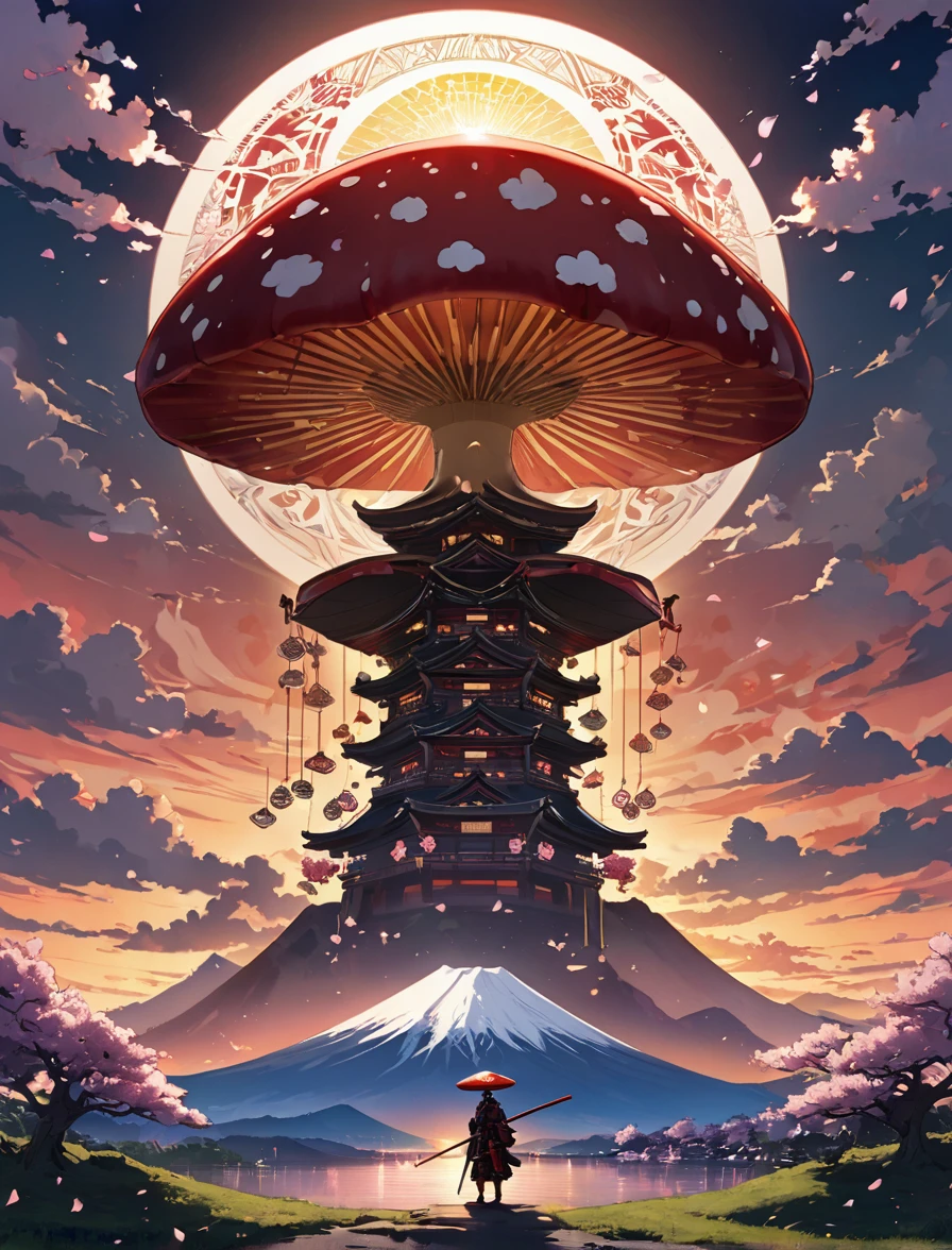 At dawn, a majestic mushroom character stands tall, its cap adorned with delicate Japanese motifs such as cherry blossoms, samurai armor, and Mount Fuji. The word "Mycel" is inscribed along the stem, softly illuminated by the first light of the rising sun. The sun itself is a radiant red circle, echoing the Japanese flag, and casts a golden glow over the scene. Surrounding the mushroom are digital tokens suspended in the air, each connected by intricate blockchain networks, shimmering in the sunlight. The background blends a tranquil Japanese landscape with modern digital screens displaying live blockchain transactions, symbolizing the fusion of tradition and technology.