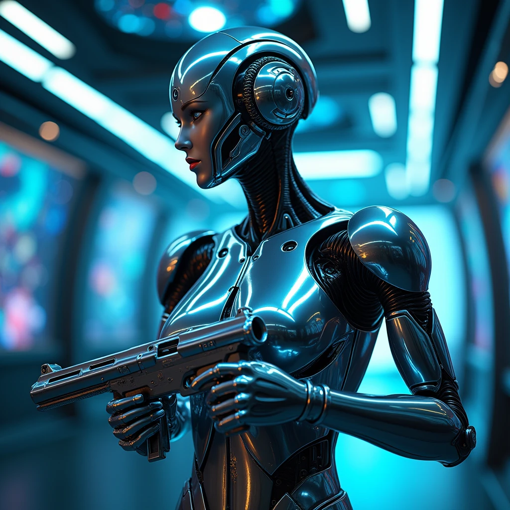Full metal body gynoid、Standing in the spaceship lobby、A futuristic ray gun in his hand