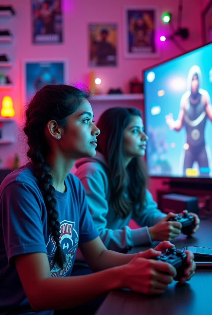 Need pic of Indian girls playing game on console with a gaming background