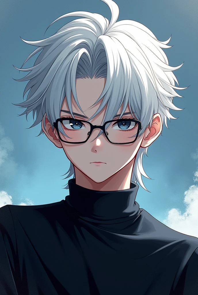 2d photo, white hair, two block mullet hairstyle, masculine, wearing metal-rimmed glasses, quiet, anime, black eyes, portrait, black shirt, youthful, dynamic, cold, cool