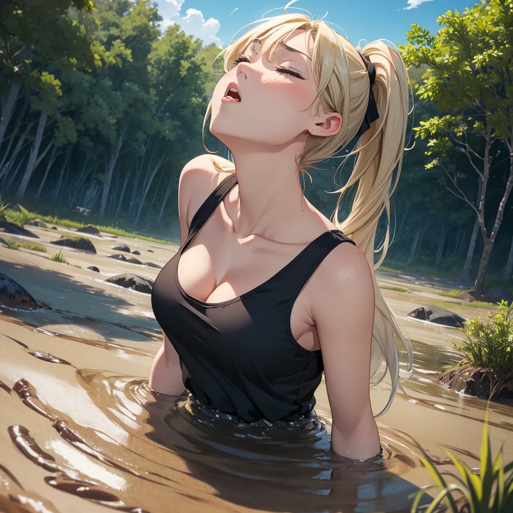 1girl, solo:1.5, masterpiece, best quality, high res, highly detailed, (illustration), beautiful detailed eyes, yuigahama yui, blonde hair ponytail, glossy lips, light makeup, orgasm, (looking up to the sky:1.5), (mouth open:1.2), intimate moment, black tank top, cleavage, (quicksand:1.4), (submerged up to her torso), (from side:1.4), bog, swamp, grass, trees, (eyes closed:1.3), gasping expression,