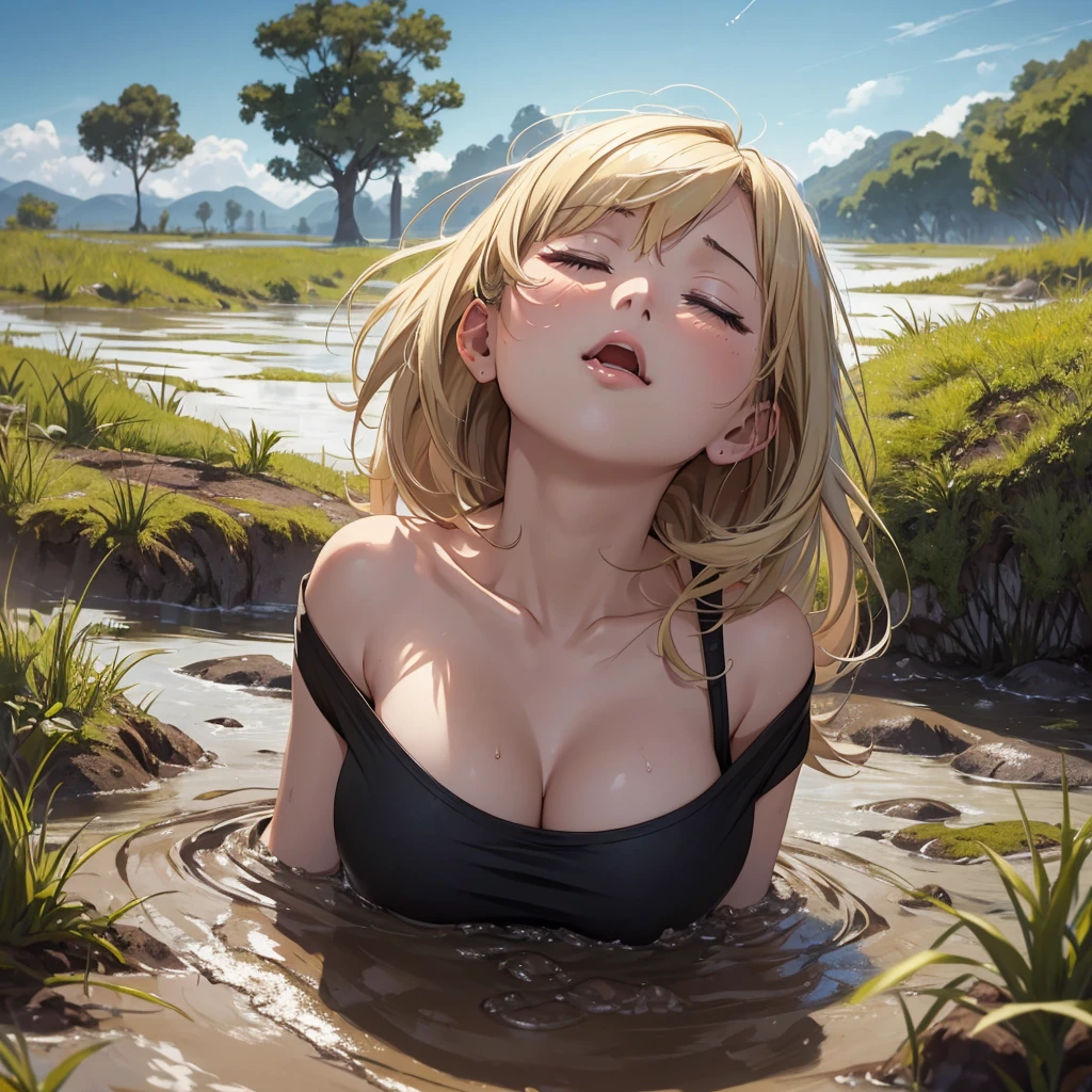 1girl, solo:1.5, masterpiece, best quality, high res, highly detailed, (illustration), beautiful detailed eyes, yuigahama yui, blonde hair ponytail, glossy lips, light makeup, orgasm, (looking up to the sky:1.5), (mouth open:1.2), intimate moment, black tank top, cleavage, (quicksand:1.4), (submerged up to her torso), (from side:1.4), bog, swamp, grass, trees, (eyes closed:1.3), gasping expression,