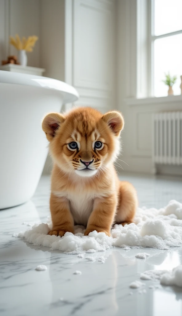 A cute and real little lion, sit on the floor,With a big belly like a big balloon,Big bright eyes, Fluffy, Delicate and exquisite, Real version of the lion cub,Play with real white foam in the bathroom,Pure white high-end bathroom background