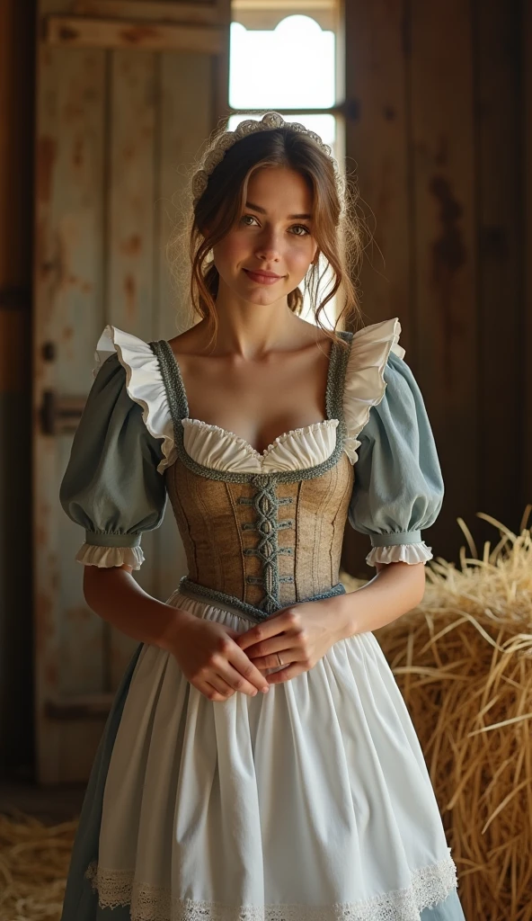 Beautiful 18 year old girl in a maid outfit undresses seductively in front of the viewer, provocatively. Inside a farm in the 19th century