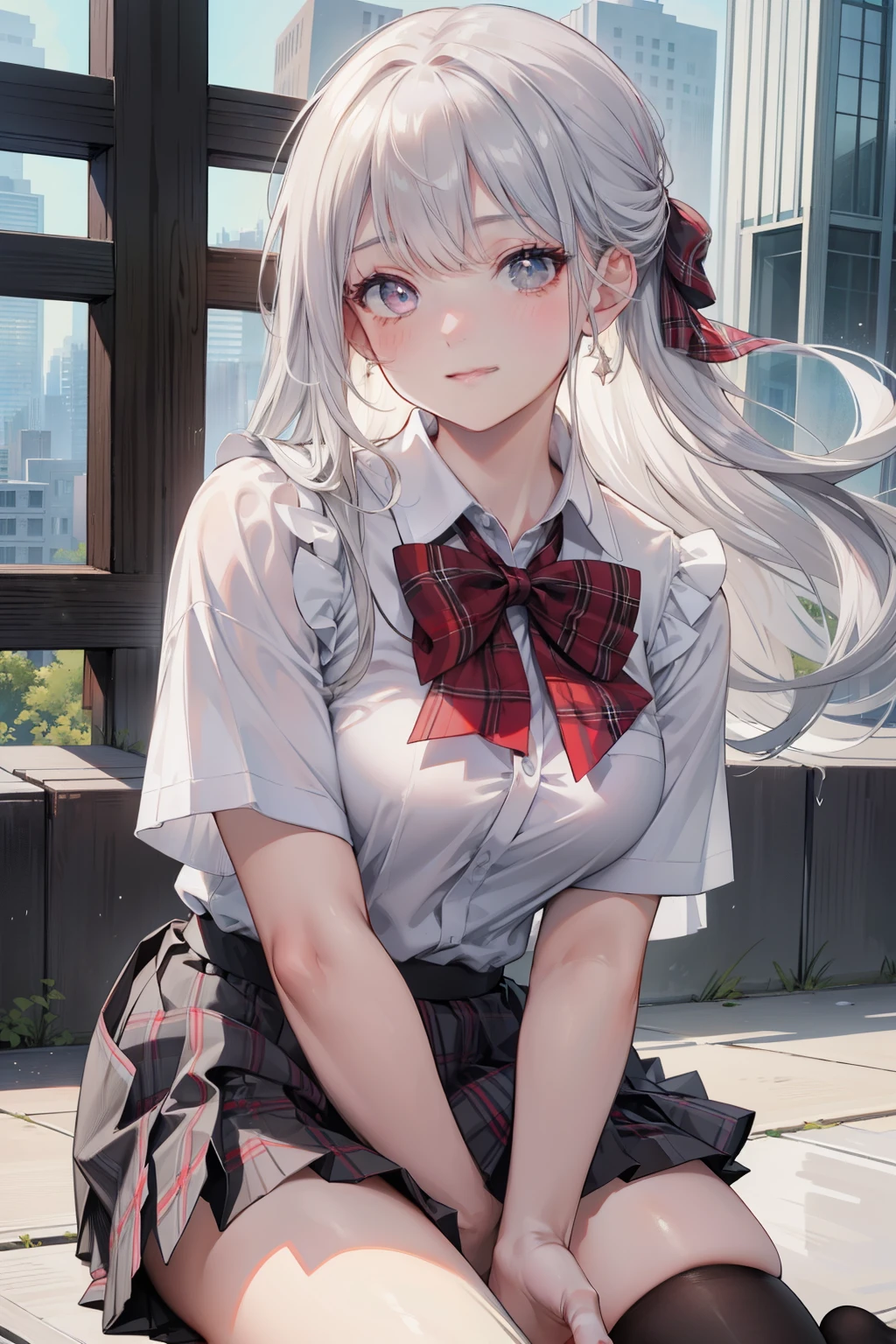 (masterpiece:1.2, top-quality), beautiful illustration, (natural side lighting, movie lighting),
looking at viewer, cowboy shot, front view:0.6, 1 girl, japanese, high school girl, perfect face, cute and symmetrical face, shiny skin,
rey eyes, long grey hair, drooping eyes, long eye lasher,
beautiful hair, beautiful face, beautiful detailed eyes, beautiful clavicle, beautiful body, beautiful chest, beautiful thigh, beautiful legs, beautiful fingers,
((white collared shirts, grey pleated skirt, black socks, red plaid bow tie), pink ),
(beautiful scenery), morning, school rooftop, squatting, (lovely smile, upper eyes),