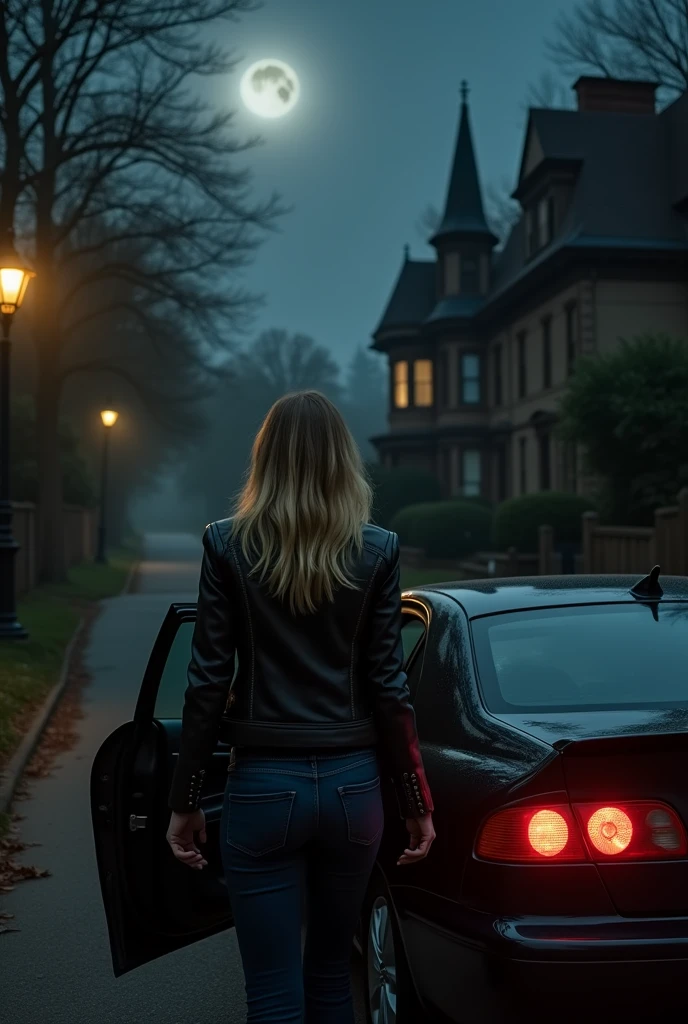 The blonde woman gets out of the car towards the house but somewhat scared on the dark street