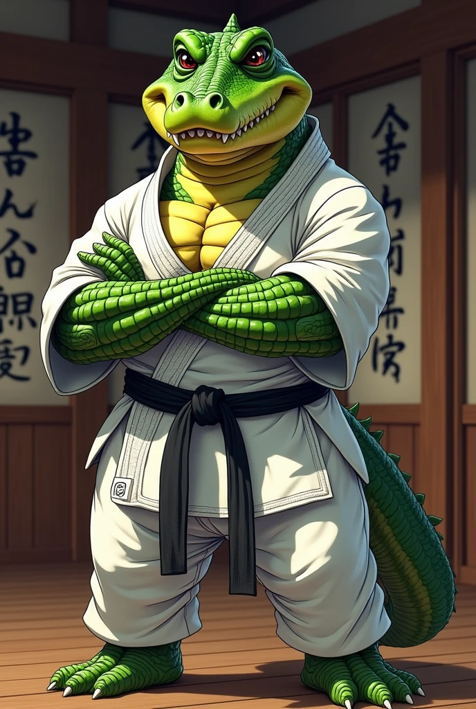 Green crocodile, wearing a judo outfit, with muscles and arms crossed Looks fierce and cool.
