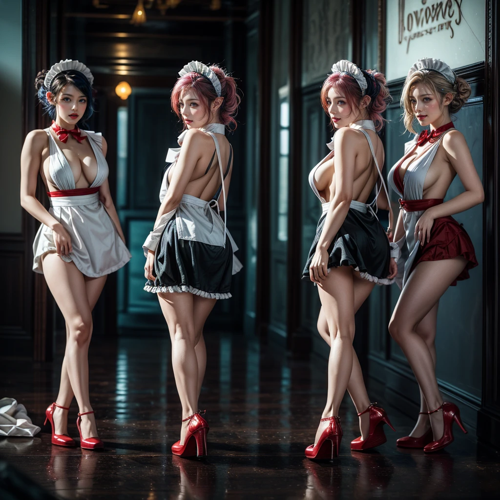 (Full Body of Extremely Detailed((Sexy Maid Group in a row:1.37))), KAWAII perfect face with Reflective Eyes, Detailed(Delicate Clothing textures), Correct Graceful Legs, Dynamic Joyful Expressions LifeLike Rendering, Specular Reflection, TopQuality 8K Ultra-detailed masterpiece (ProfessionalPhoto:1.37), (Acutance:0.8), (Luminism:1.28), Renaissance art style, Colorful Light particles, (Full body from side) {MicroMini Skirt|Kissing Face to Face|Thigh Gap|Cute Peach AssFocus|(NakedApron with (Overflowing Sideboob))}, Radiant Fine Skin with Transparency, {Pink Hair|LightBlue Hair|Blonde|Pure White Hair|Liquid Hair|Red Shoes}, Perfect Lighting