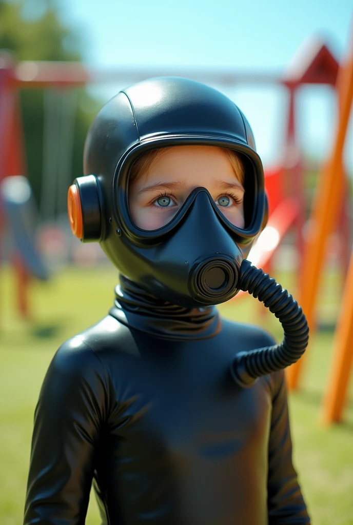 An I-cup  in a tight-fitting black rubber suit is wearing an oxygen mask with no goggles but a hose. She is not underwater.