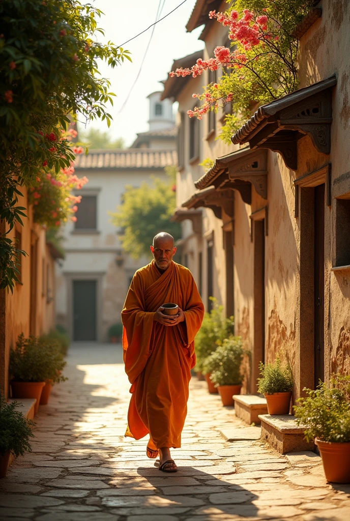 In 400 BC, a monk carrying his alms bowl went begging in a village, with beautiful houses on both sides.