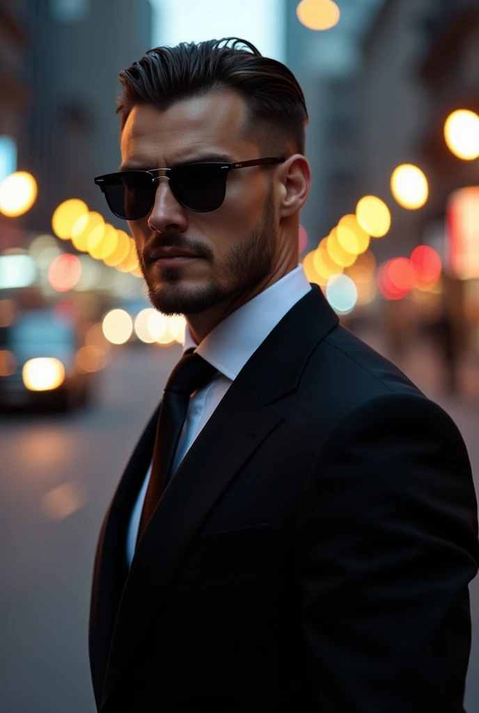 A man in sunglasses, classic haircut, black hair, unshaven and wearing an all black suit 