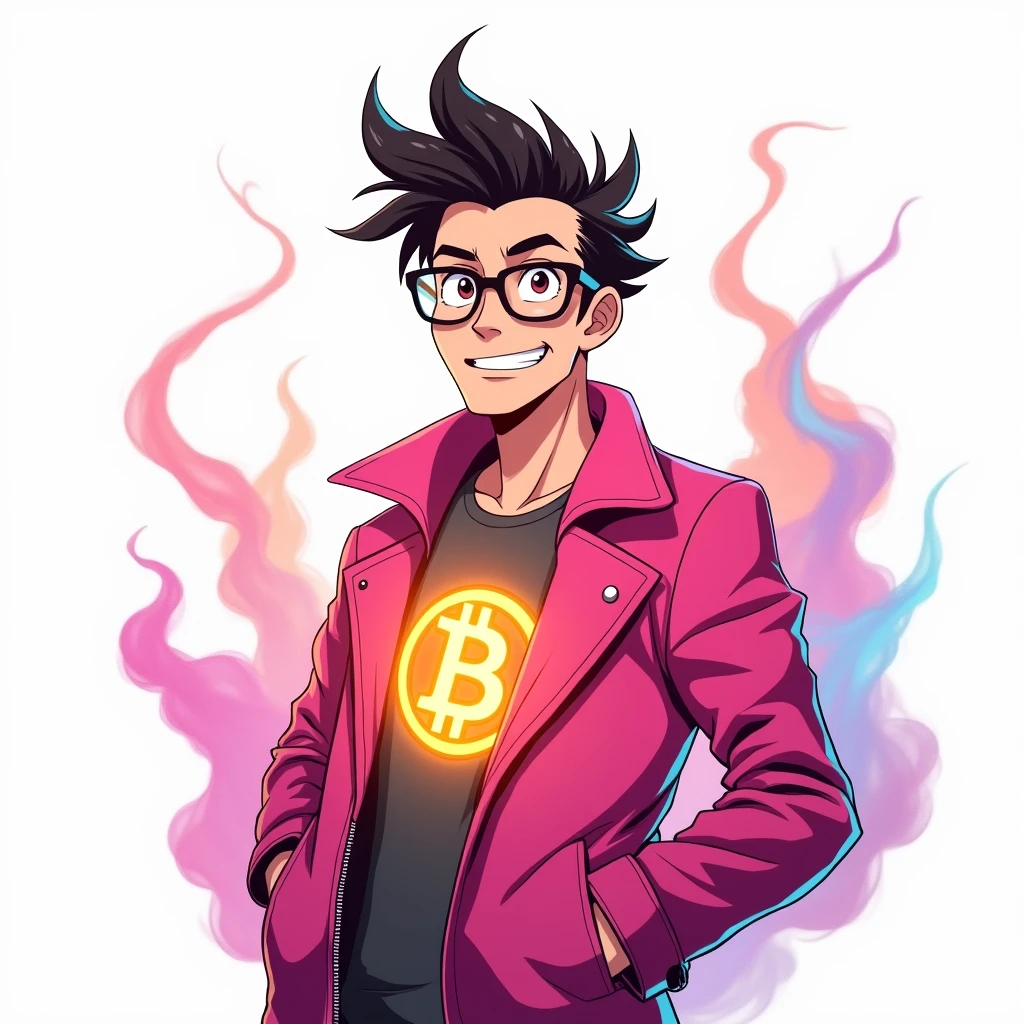 Create a 3D illustration of a 30 year old boy genius man, wearing a pink jacket with glowing Bitcoin logo, smoke artistically forming a frame edit Photoshop Computer named, white background, anime style 