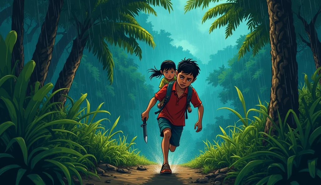 cartoon, a Vietnamese rural bushy narrow junger, thickset, densely wooded with the thunder, so dark, heavy raining, the man, sad father carrying daughter on his back, a knife in his hand, run very farst , in the style of colorful prisma, erased and obscured, iconic album covers, photography, 50mm