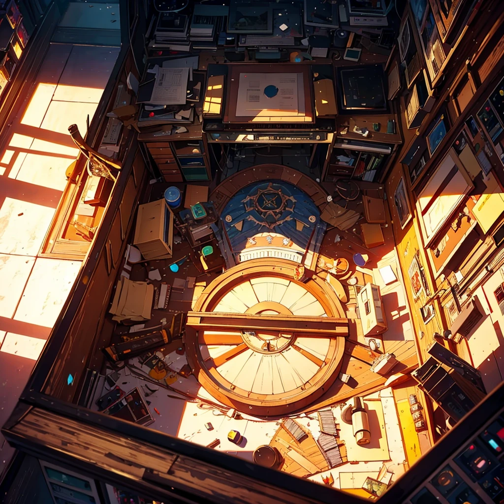 wide shot of cluttered room top view