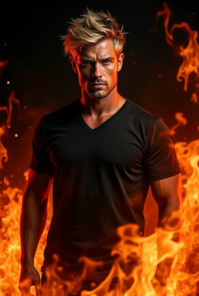 A blond haired, blue eyed man surrounded by flames standing in front of a black background