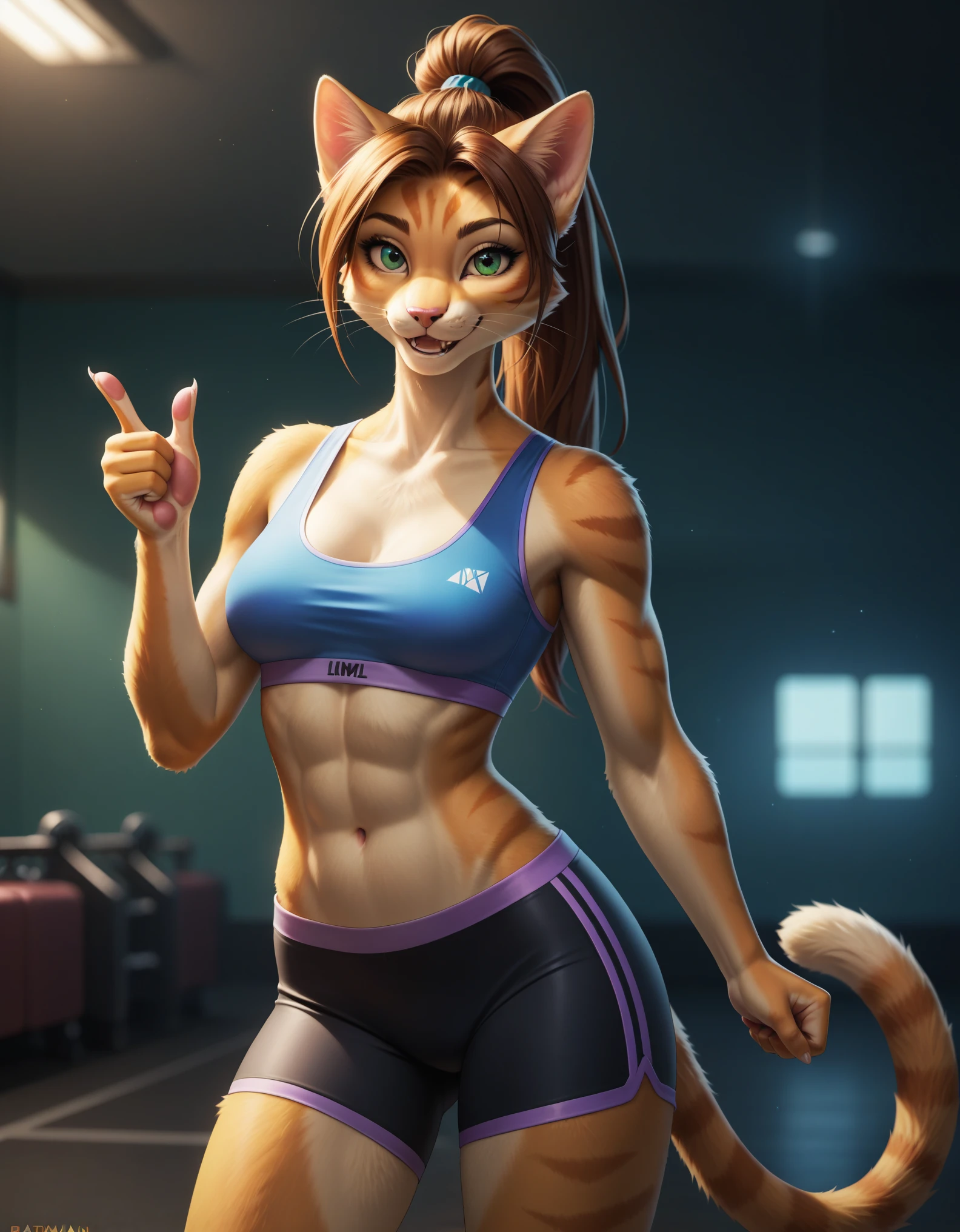 score_9, score_8_up, source_furry,

three-quarter portrait, front view, looking at viewer, a cat, furry, anthro, Slim physique, cat tail, high ponytail hair, smile, happy, in a high neck sports bra, in tight shorts, wearing UFC gloves, Standing in the UFC ring, 
[by Alex Timmermans:by jaynaylor:0.25], best quality, detailed, detailed background, detailed foreground, depth of field, ambient silhouette, backlighting, (single thumbs up), 


