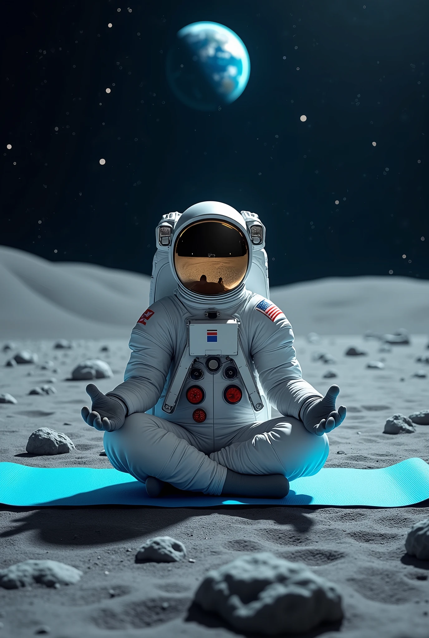 An astronaut in the lotus position, peacefully meditating on a yoga mat, with eyes closed while levitating slightly above the lunar surface.