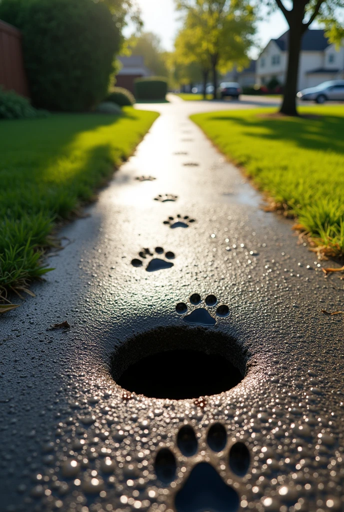 Wet cat paw prints appear on dry asphalt, leading in a straight line down a sidewalk. The trail of paw prints ends at an open manhole in the middle of the sidewalk, suggesting that the cat may have jumped inside