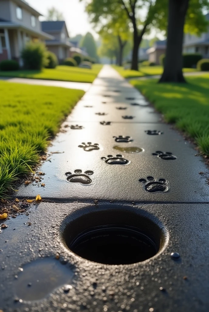 Wet cat paw prints appear on dry asphalt, leading in a straight line down a sidewalk. The trail of paw prints ends at an open manhole in the middle of the sidewalk, suggesting that the cat may have jumped inside