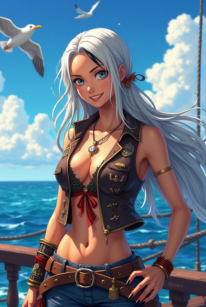 One piece style anime pirate girl with long white hair with black streaks