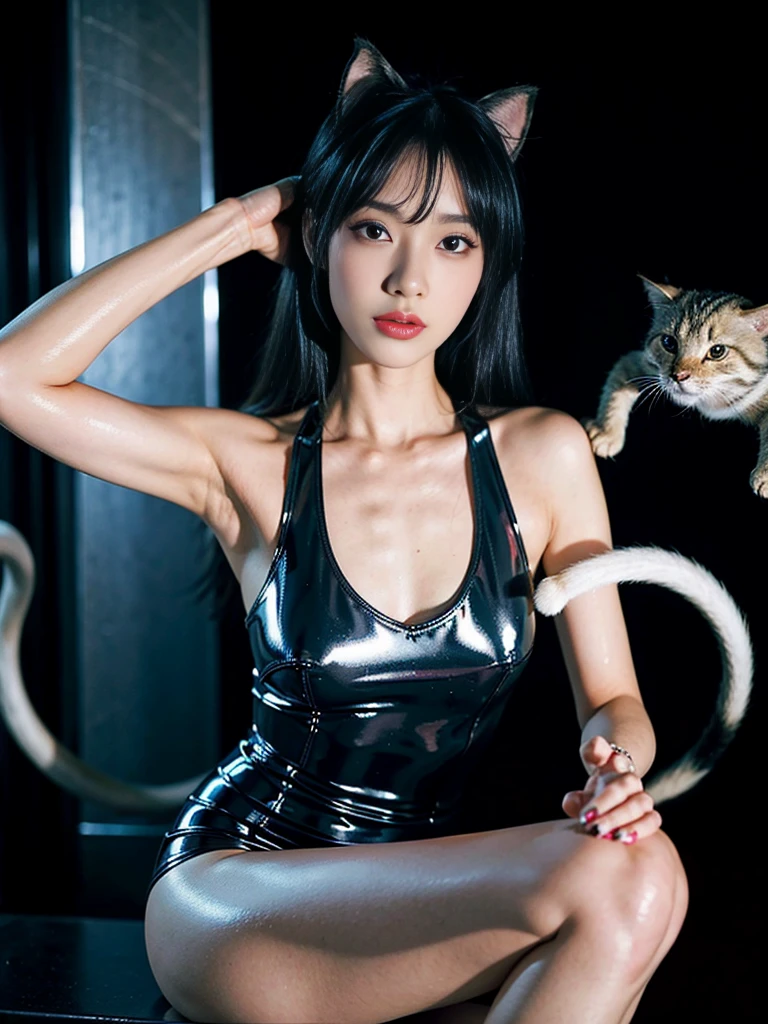 Shiny紫色の猫の着ぐるみを着て床に座っているアラリン, Latex Gloss, Wearing Atsuko Kudo's latex costume, Wearing a tight suit, Smooth purple skin, Purple body, Shiny金属的な肌, Shinyプラスチック, 未来的なShinyラテックススーツ, Shinyプラスチック armor, Shiny肌, tight full body suit, Wearing latex, Shiny金属的な, Shining Purple, Shiny Spread your legs M-shaped feet Angry expression Bad mood