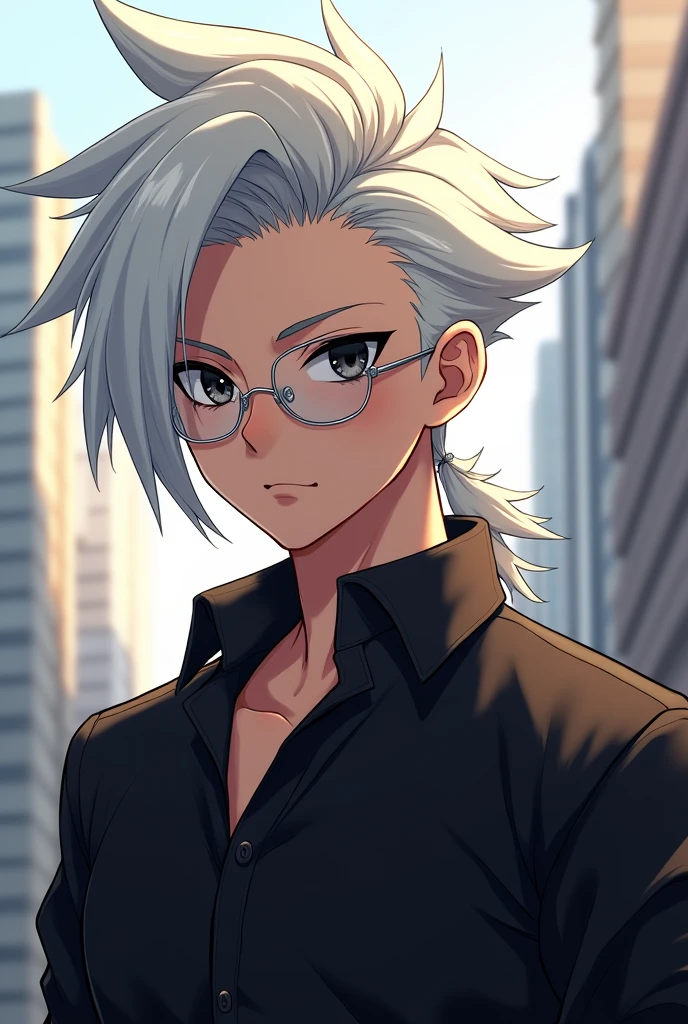2d photo, white hair, two block mullet hairstyle, masculine, wearing metal-rimmed glasses, quiet, anime, black eyes, portrait, black shirt, youthful, dynamic, cold, cool