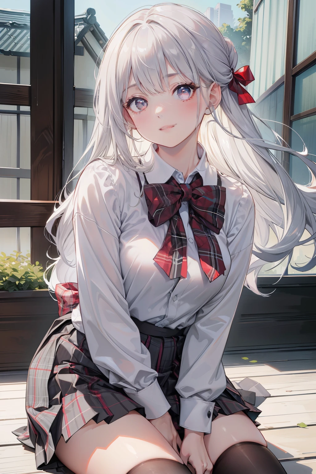 (masterpiece:1.2, top-quality), beautiful illustration, (natural side lighting, movie lighting),
looking at viewer, cowboy shot, front view:0.6, 1 girl, japanese, high school girl, perfect face, cute and symmetrical face, shiny skin, slim body,
rey eyes, long grey hair, drooping eyes, long eye lasher,
beautiful hair, beautiful face, beautiful detailed eyes, beautiful clavicle, beautiful body, beautiful small chest, beautiful thigh, beautiful legs, beautiful fingers,
((white collared shirts, grey pleated skirt, black socks, red plaid bow tie), pink panty),
(beautiful scenery), morning, school rooftop, squatting, (lovely smile, upper eyes),