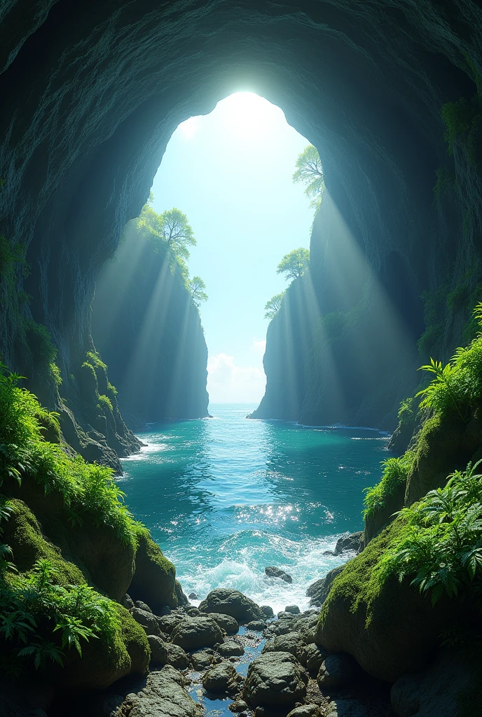 harsh light, heavy contrast, a cave with open ceiling casting sun beams on a green mosses and ferns, and a open( view on ocean:1.1) at the bottom, cell shading render, 4k, 360 degree, equirectangular, qxj,