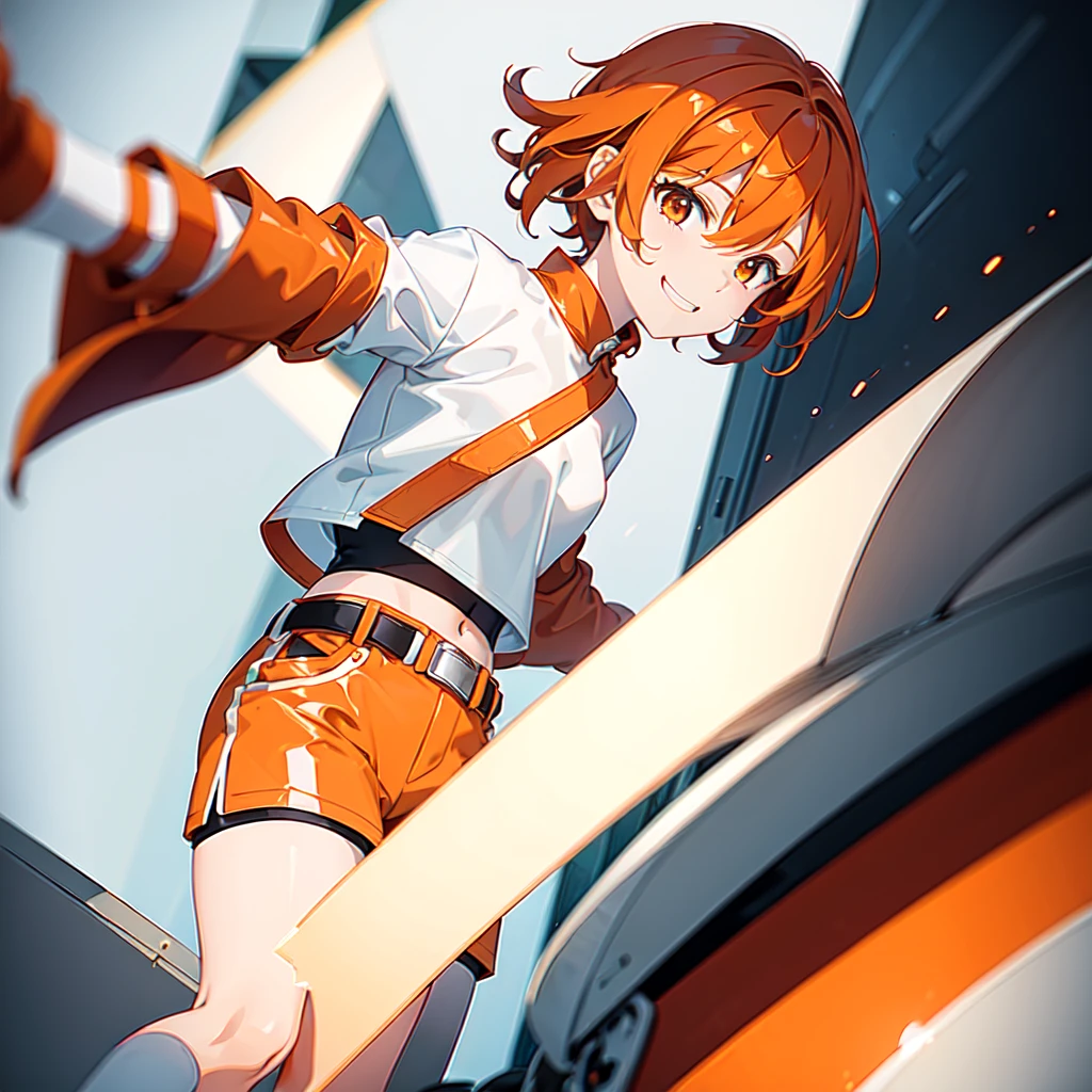 1 girl. short dark orange twin ponytailed hair, orange smiling eyes, wearing white long sleeve crop top, color green shorts and white belt, white high boots, playing in the rain, high res, ultrasharp, 8k, masterpiece