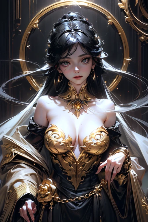 lamplight, Close-up cleavage, beautiful woman, gold eyes, (Detailed eyes, The eyes are bright:1.2), Long black hair, pale-skinned, earrings, necklace, medium skin, dark blue dress, Meticulous gown, golden accessories on clothes, dark blue flowers (perfect anatomia:1.2), Highqualityshadow, natural  lightting, (White highlights:1.2),overcast day, (starrysky:1.2), (shining)