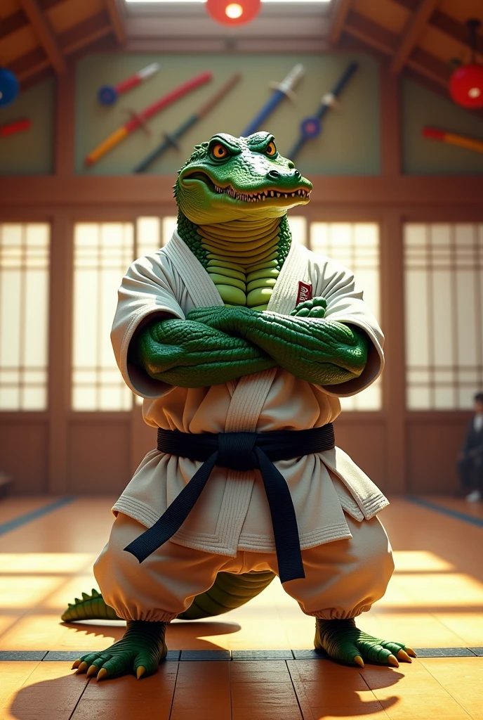 Green crocodile, wearing a judo outfit, with muscles and arms crossed Looks fierce and cool.