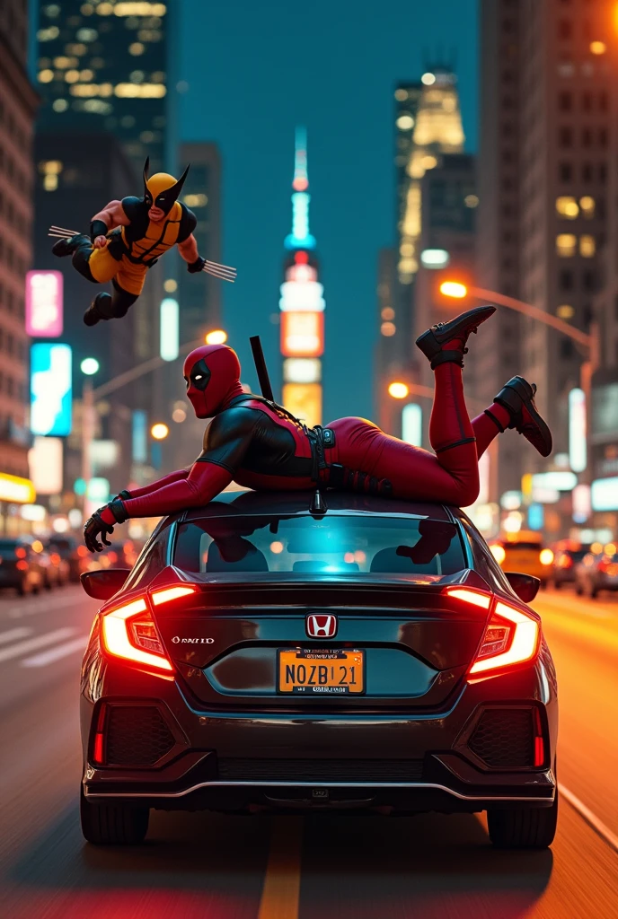 (photorealism:1.2), (HDR quality), (realism size), (perfect pose) deadpool is on top the civic car he is laydown and holding at the landrover police car rooftop(one hand is raised his 5 fingers), thecar run so fastly, at nights orange colored streetlights, at newyork city, wolverine chasing him behind jumping highly.