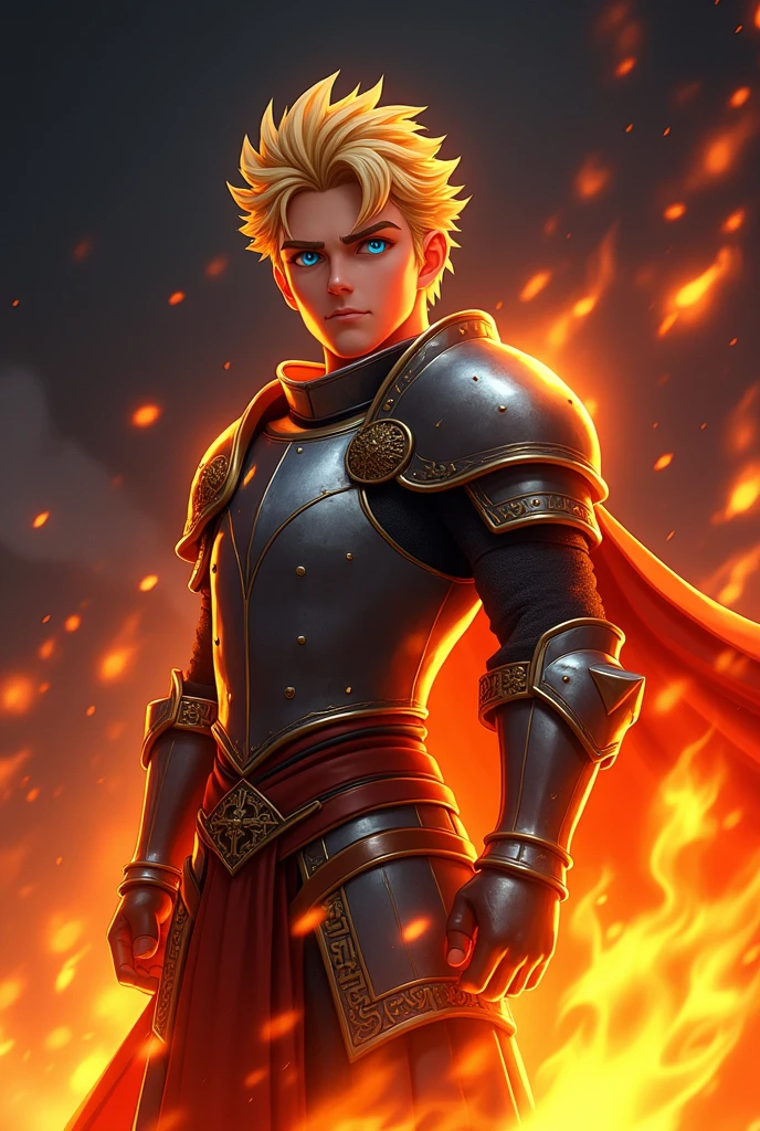 animated, medieval, A blond haired, blue eyed man surrounded by flames standing in front of a black background