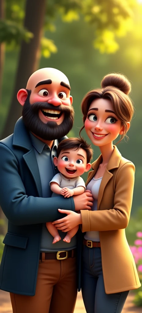 Happy family of 3 people, an adult couple and an 8-month-old baby. The father is in the center, he is wearing dark blue coat and light blue shirt and brown pants, he is the tallest, big and strong, shaved bald hair and has a medium black Viking-style beard, with light brown eyes and a big smile. The father is holding the 8-month-old baby in his left arm. The eight-month-old baby has dark blond hair and big dark blue eyes. The mother has light brown hair and light brown eyes, her hair tied up and a beautiful smile, she is very beautiful and elegant. Character should be colorful and have a fun, friendly look, with exaggerated, expressive features. Pixar style. use the photo as a perfect copy of the family.