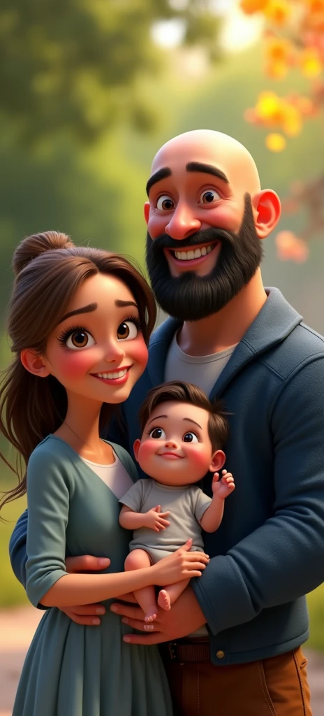 Happy family of 3 people, an adult couple and an 8-month-old baby. The father is in the center, he is wearing dark blue coat and light blue shirt and brown pants, he is the tallest, big and strong, shaved bald hair and has a medium black Viking-style beard, with light brown eyes and a big smile. The father is holding the 8-month-old baby in his left arm. The eight-month-old baby has dark blond hair and big dark blue eyes. The mother has light brown hair and light brown eyes, her hair tied up and a beautiful smile, she is very beautiful and elegant. Character should be colorful and have a fun, friendly look, with exaggerated, expressive features. Pixar style. use the photo as a perfect copy of the family.