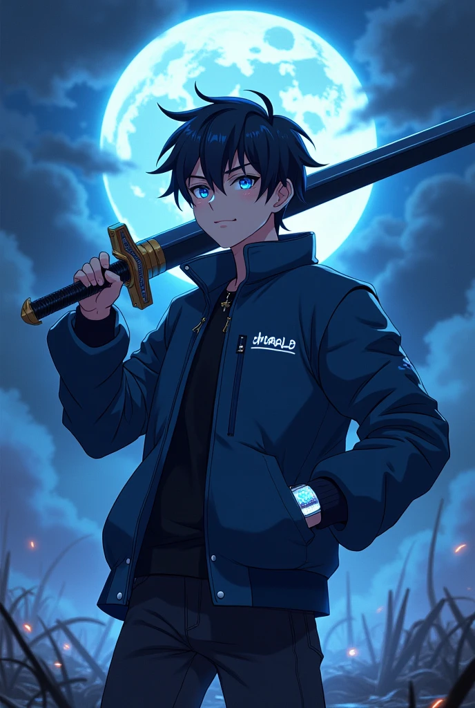 Smart student anime add smartwatch add with name on t-shirt and jacket at we locate at goggles and blue fireflow eyes add sword 🗡️ add moon in baground add war soot