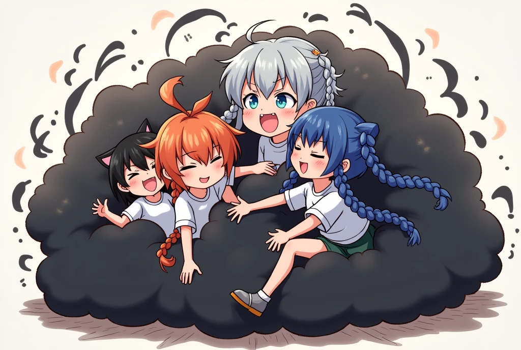 An anime-style illustration depicting four girls playfully wrestling with each other inside a black comical fight cloud (dust cloud).
each girl has different  colored hair: one with silver hair braided,another  with orenge short hair,aother with blue braided pigtails,and one with black bobcats.
their faces,hands,and feet are visible emerging from the cloud as they tussle humorously,  with the rest of their bodies completely hidden inside the cloud.
the illustration emphasizes the humorous and energetic nature of their scuffle,with a fluffy  andexaggerated fight cloud.