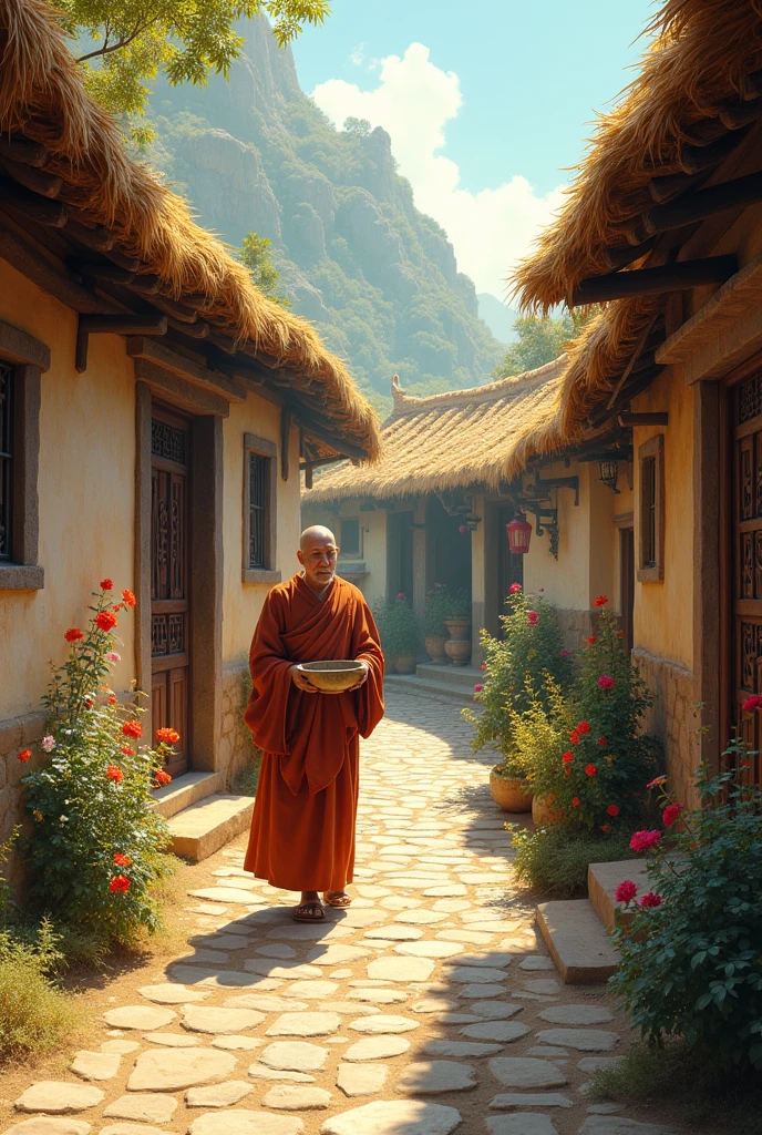 In 400 BC, in a certain kingdom, a monk was carrying his alms bowl and going for alms in a village, with beautiful houses on both sides.