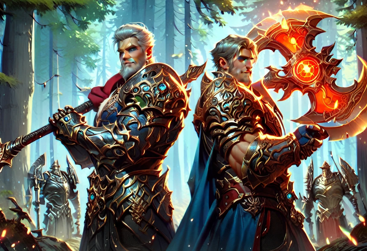 , 2men, handsome muscular blonde haired bearded man wearing a steel plate armor amd holding battleaxe, standing next to, handsome muscular gray haired bearded man wearing a blue robe casting Spell rings made of fire, forest background 