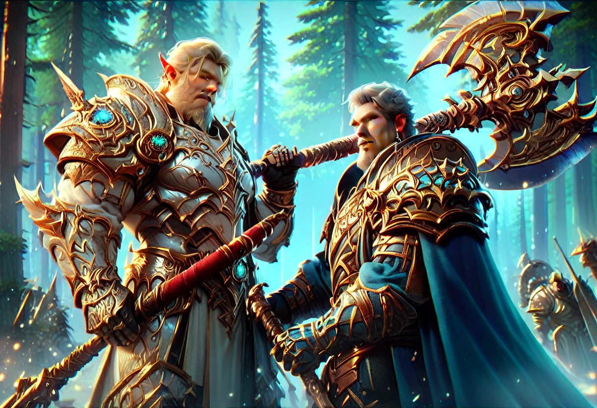 , 2men, handsome muscular blonde haired bearded man wearing a steel plate armor amd holding battleaxe, standing next to, handsome muscular gray haired bearded man wearing a blue robe casting Spell rings made of fire, forest background 