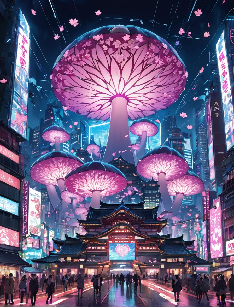 In a futuristic Tokyo, a colossal mushroom character rises above the city, its cap covered in neon-lit patterns of sakura blossoms and katana blades, symbolizing Japanese culture. The word "Mycel" is prominently displayed across the cap, with each letter formed by interconnected blockchain nodes. The mushroom is surrounded by floating holograms of blockchain networks, their circuits glowing brightly. Below, the bustling city is a mix of traditional Japanese architecture and modern skyscrapers, with digital billboards displaying blockchain transactions. The scene captures the harmony between the old and the new, with "Mycel" representing the heart of this digital evolution.