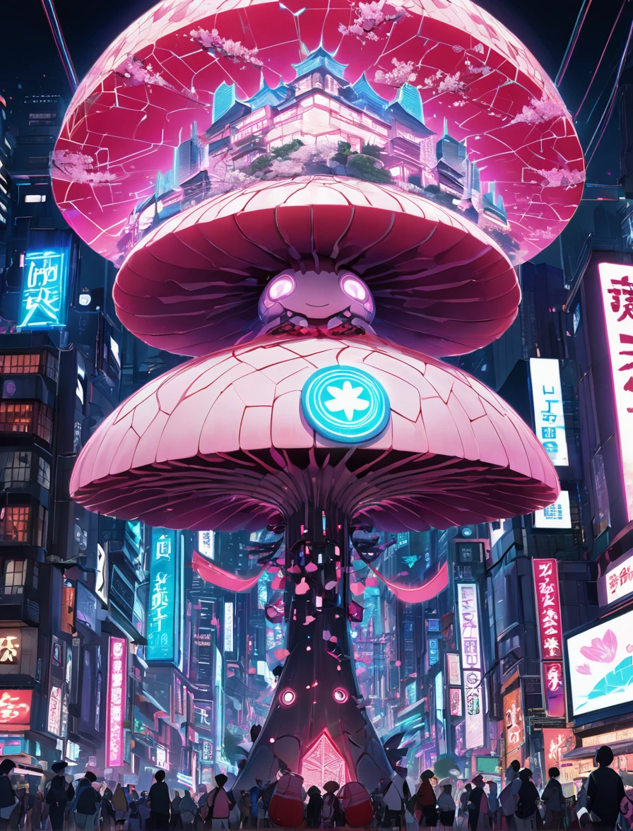 In a futuristic Tokyo, a colossal mushroom character rises above the city, its cap covered in neon-lit patterns of sakura blossoms and katana blades, symbolizing Japanese culture. The word "Mycel" is prominently displayed across the cap, with each letter formed by interconnected blockchain nodes. The mushroom is surrounded by floating holograms of blockchain networks, their circuits glowing brightly. Below, the bustling city is a mix of traditional Japanese architecture and modern skyscrapers, with digital billboards displaying blockchain transactions. The scene captures the harmony between the old and the new, with "Mycel" representing the heart of this digital evolution.