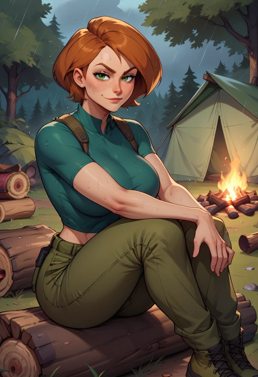 score_9, score_8_up, score_7_up, score_6_up, BREAK Ann possible, wearing hiking outfit, cargo pants, big breasts, fully clothed evil smirk, sweating, in a forest, looking at viewer, short hair, raining, setting up a tent, campfire, dark clouds, hands resting on knees, sitting on a log