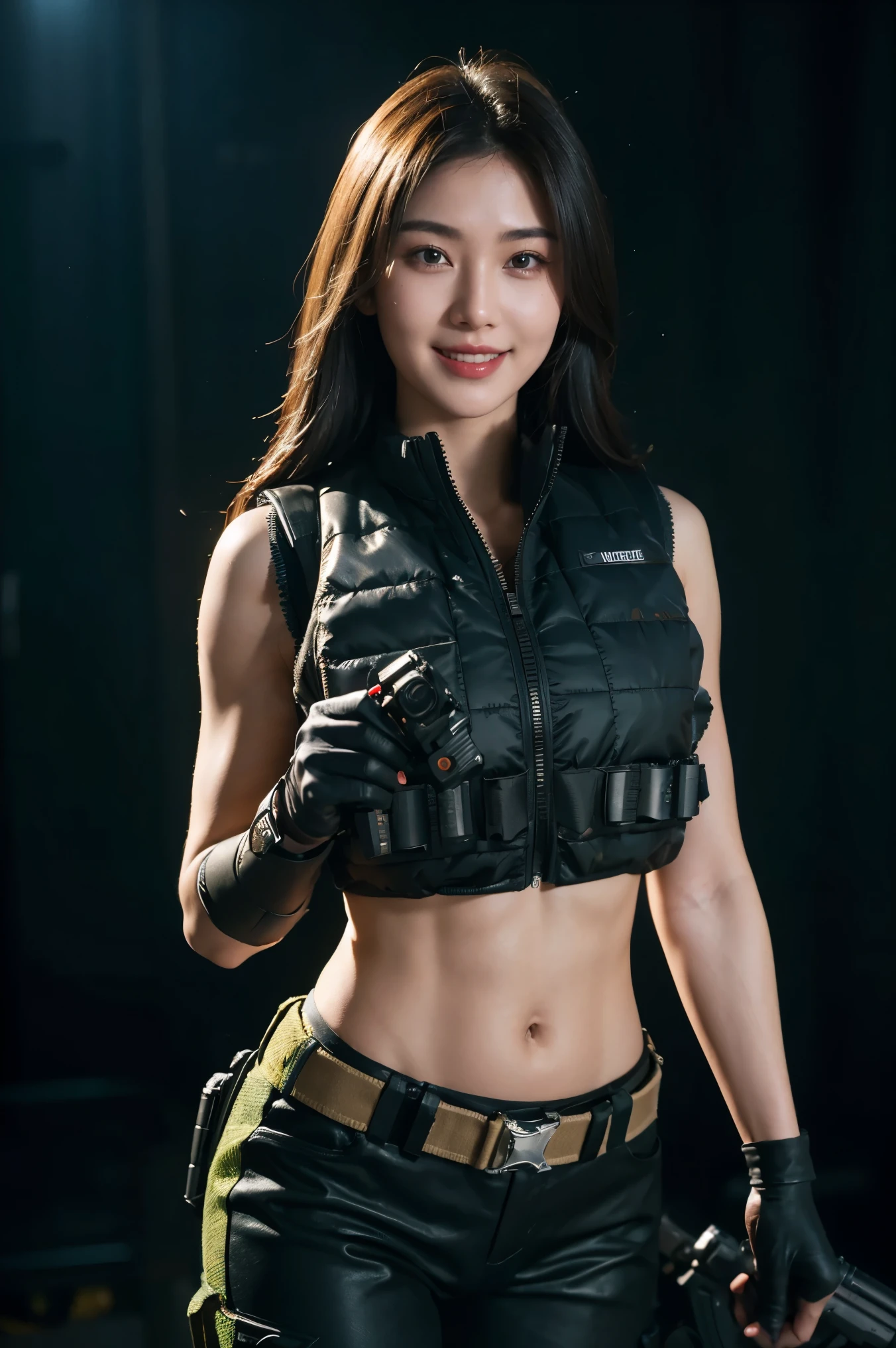 a beautiful girl , Tactical Vest,Bulletproof vests,Goggles,Holding a gun,fully armed,Navel, cinematic lighting, masterpiece, anatomically correct, hyperrealistic, detailed skin texture, best quality, award-winning, 4K, super detailed, cowboy shot, light smile