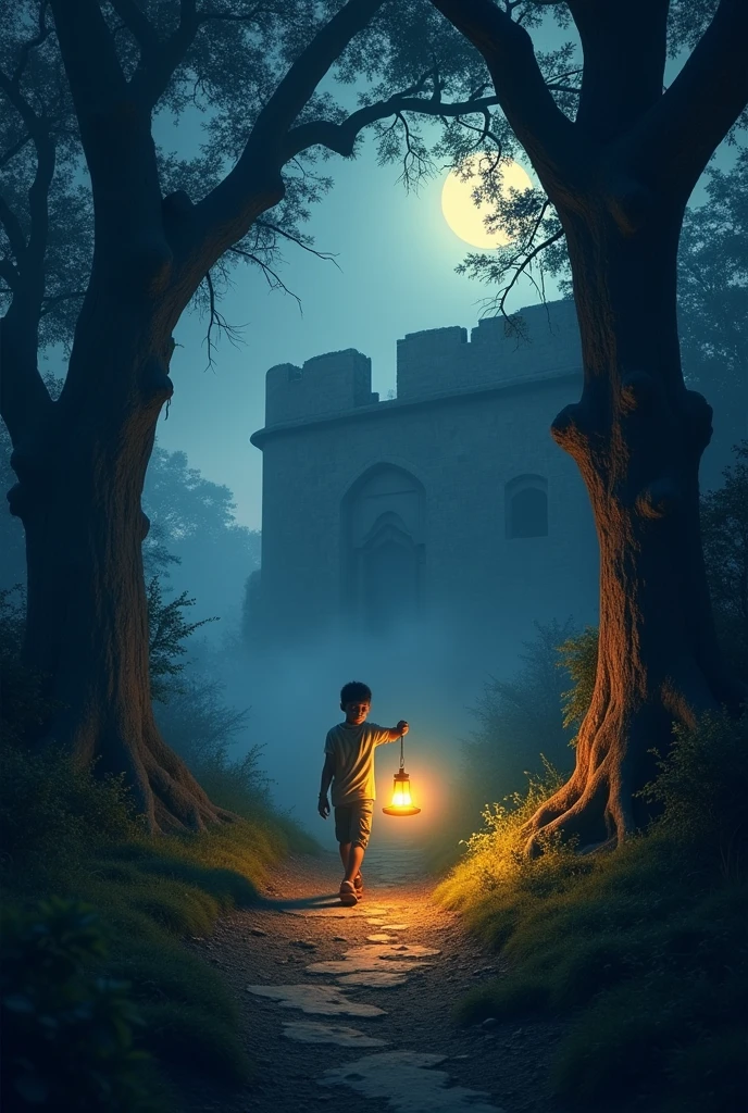 Young Boy with Lantern: A young boy named Raghunath, holding a glowing lantern, walking alone on a dark path towards an ancient, crumbling fort surrounded by dense, foggy trees.