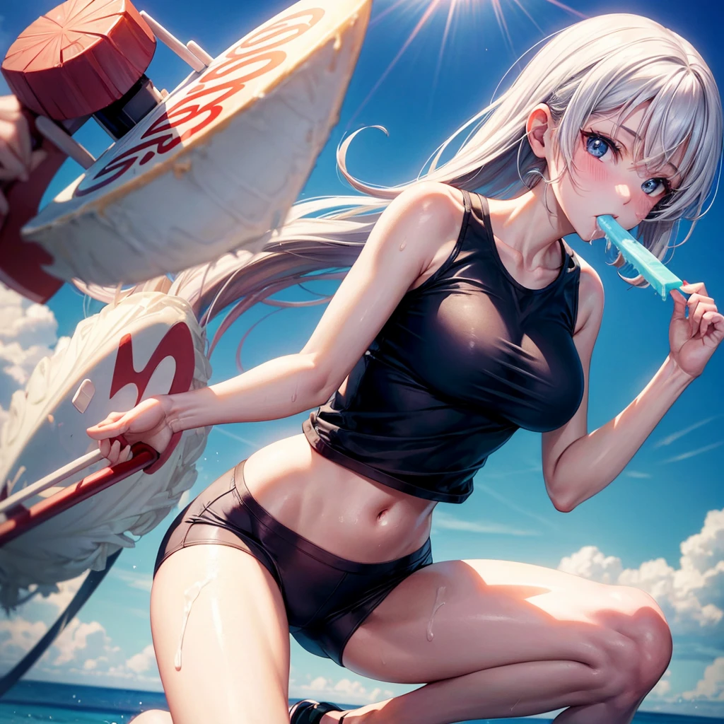  woman in tight sweaty underwear, whole body, licking roller-shape popsicle while holding them in hands, anime