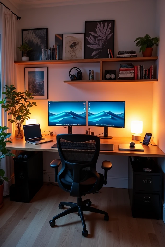 A studio room with computer setup inside