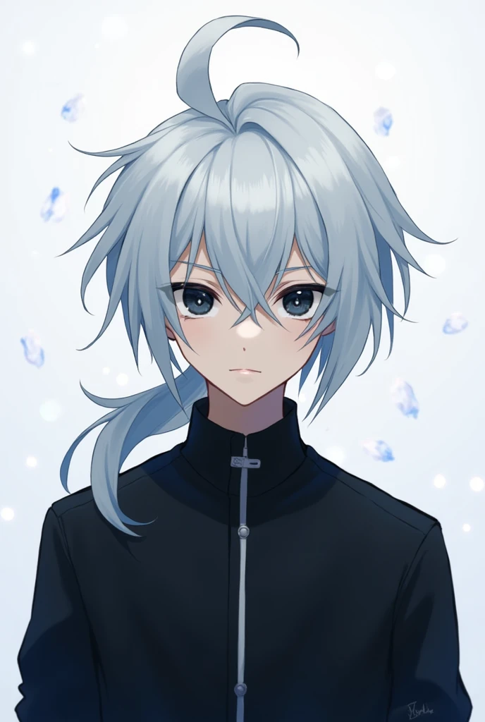2d photo, white hair, two block mullet hairstyle, masculine, quiet, anime, black eyes, portrait, black shirt, youthful, dynamic, cold, cool