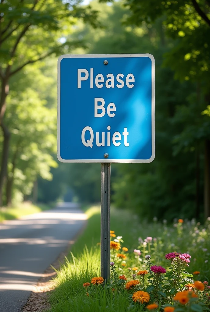 Road sign Please be quiet Front view composition Blue sign with text
